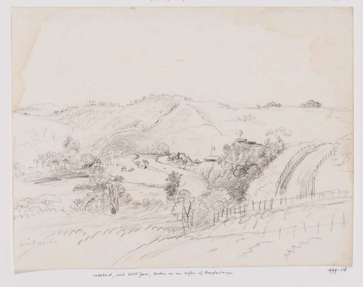 Landscape with village by a river, West Java, Adrianus Johannes Bik, c. 1816 - c. 1846