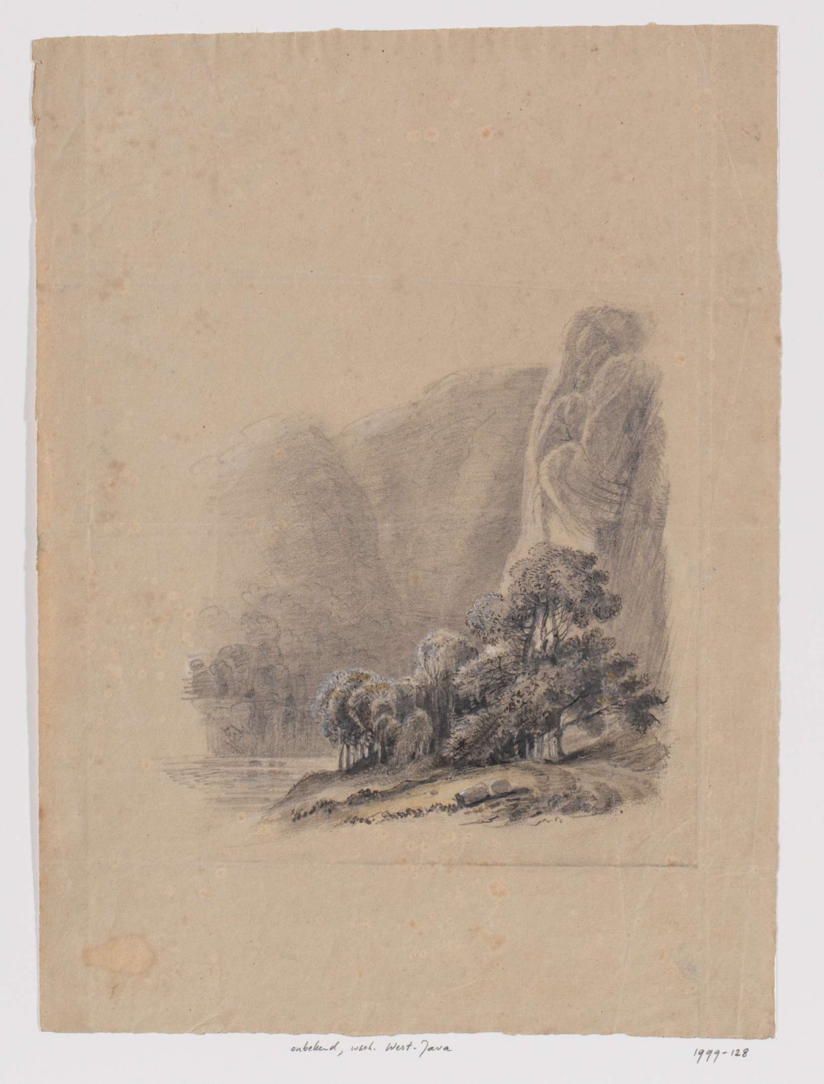 Mountain landscape with road along rocks, near a river, West Java, Adrianus Johannes Bik, c. 1816 - c. 1846