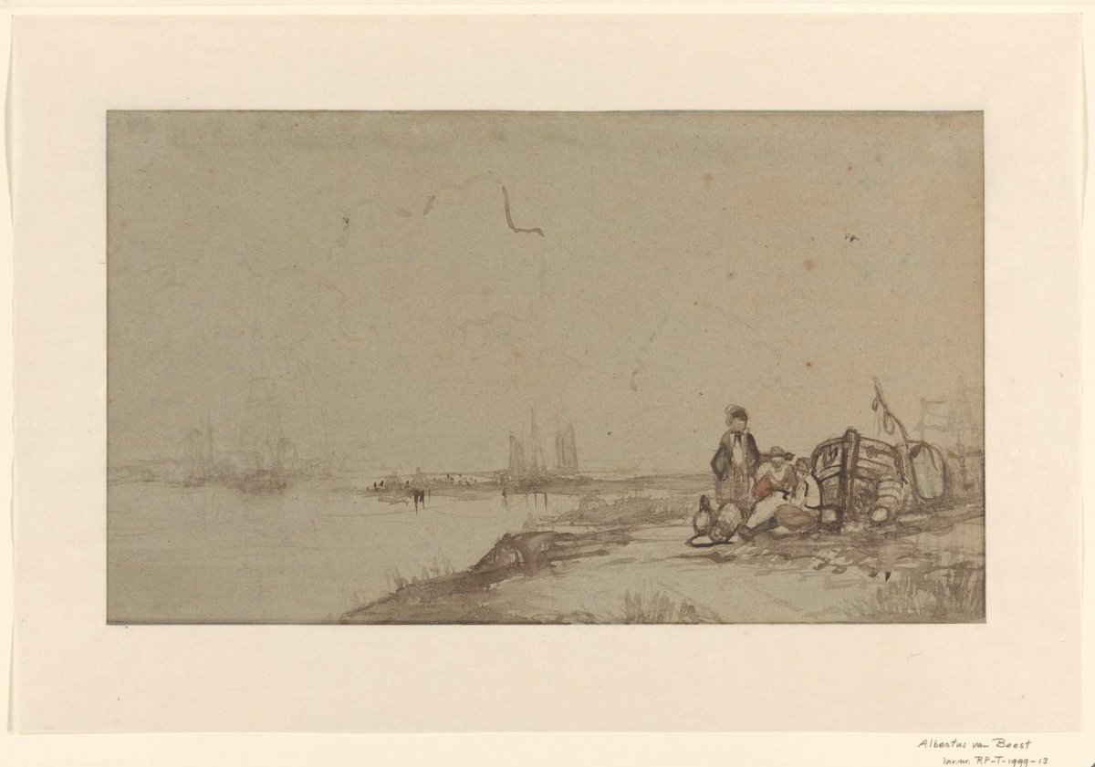 Figures in conversation on the banks of a navigated river, Albertus van Beest, 1830 - 1860