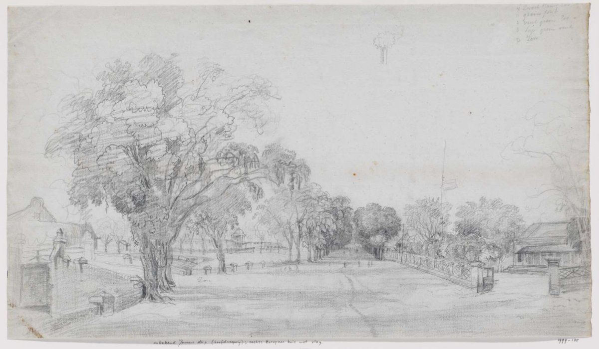 Javanese village (main neigborhood) with a European house on the right with flag, half-mast, West Java, Adrianus Johannes Bik, c. 1816 - c. 1846