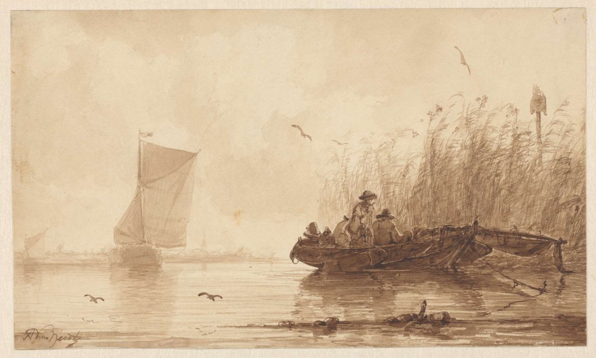 Fishermen in a boat near a reed bed, Albertus van Beest, 1830 - 1860