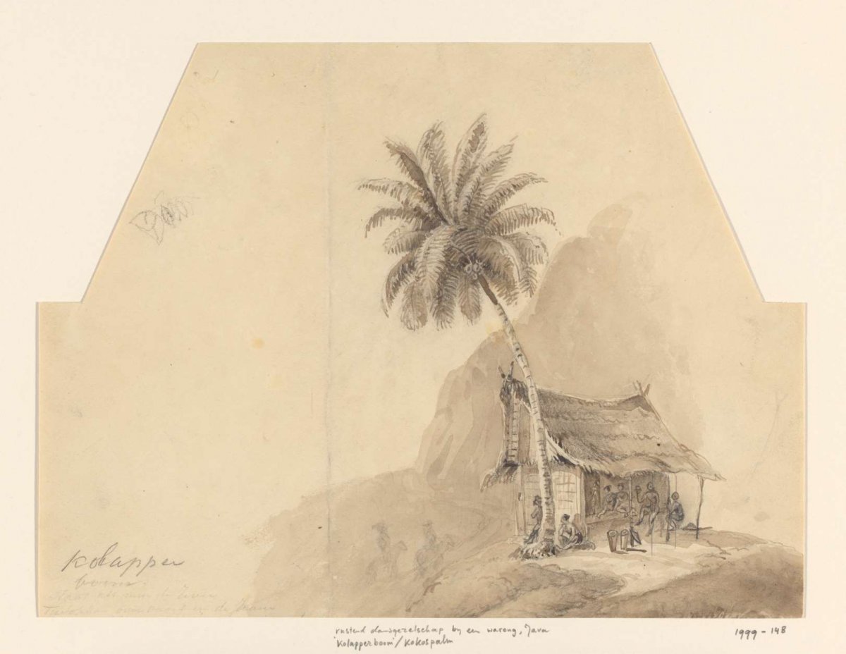 Resting dance troupe at a warong (warung), two horsemen on the hillside, Priangan, West Java, Adrianus Johannes Bik, c. 1816 - c. 1846