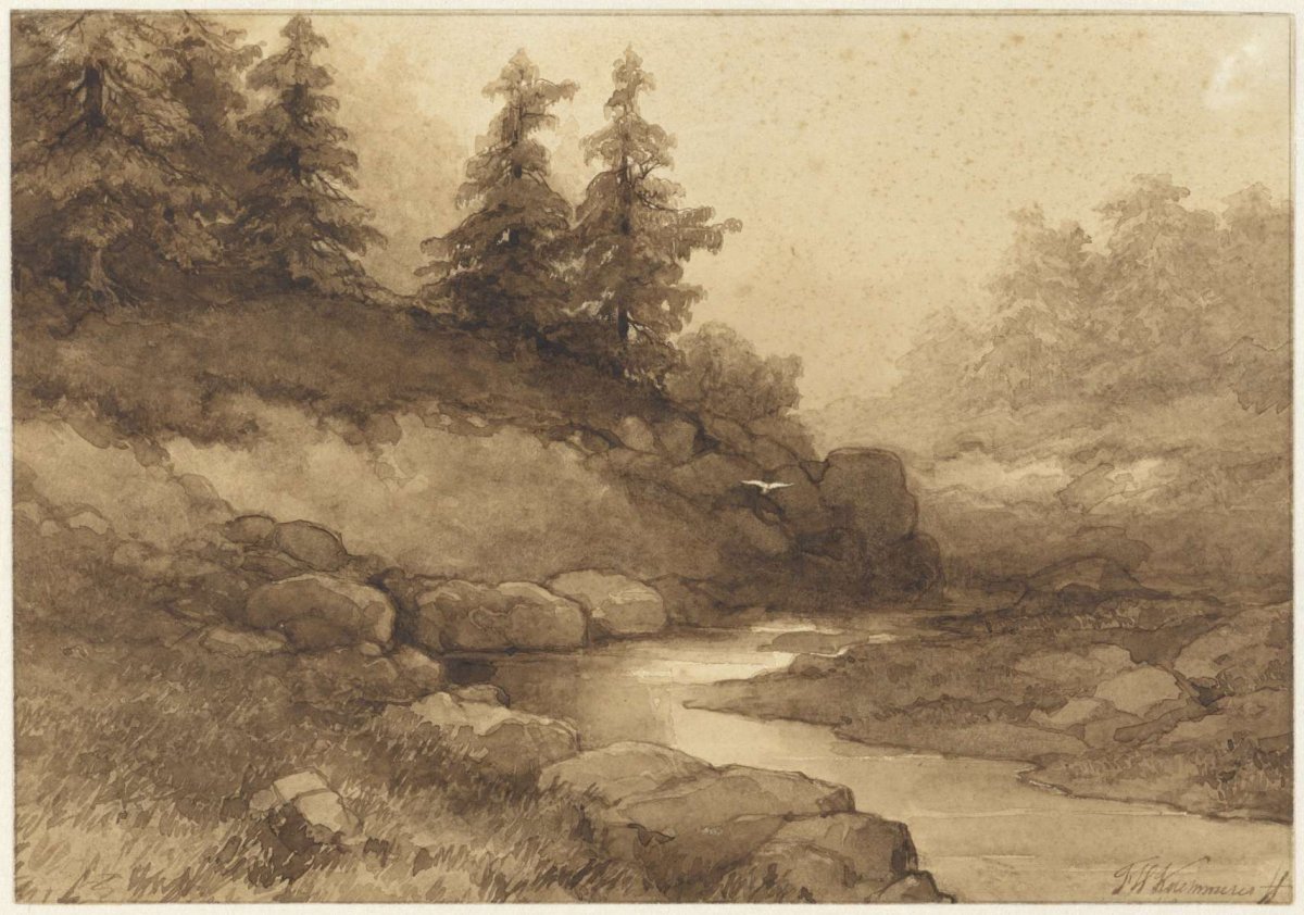 Hilly landscape with a river, Frederik Hendrik Kaemmerer, 1849 - 1902