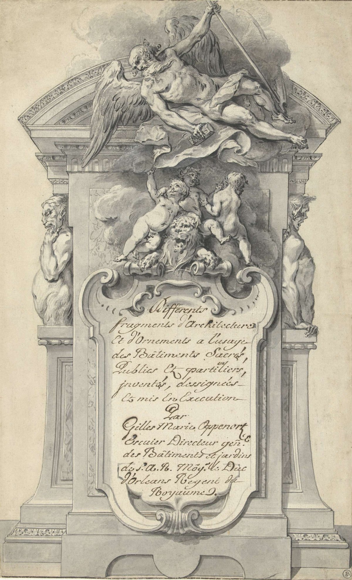 Design for a title page with Time above a cartouche, Gilles Marie Oppenort, c. 1740