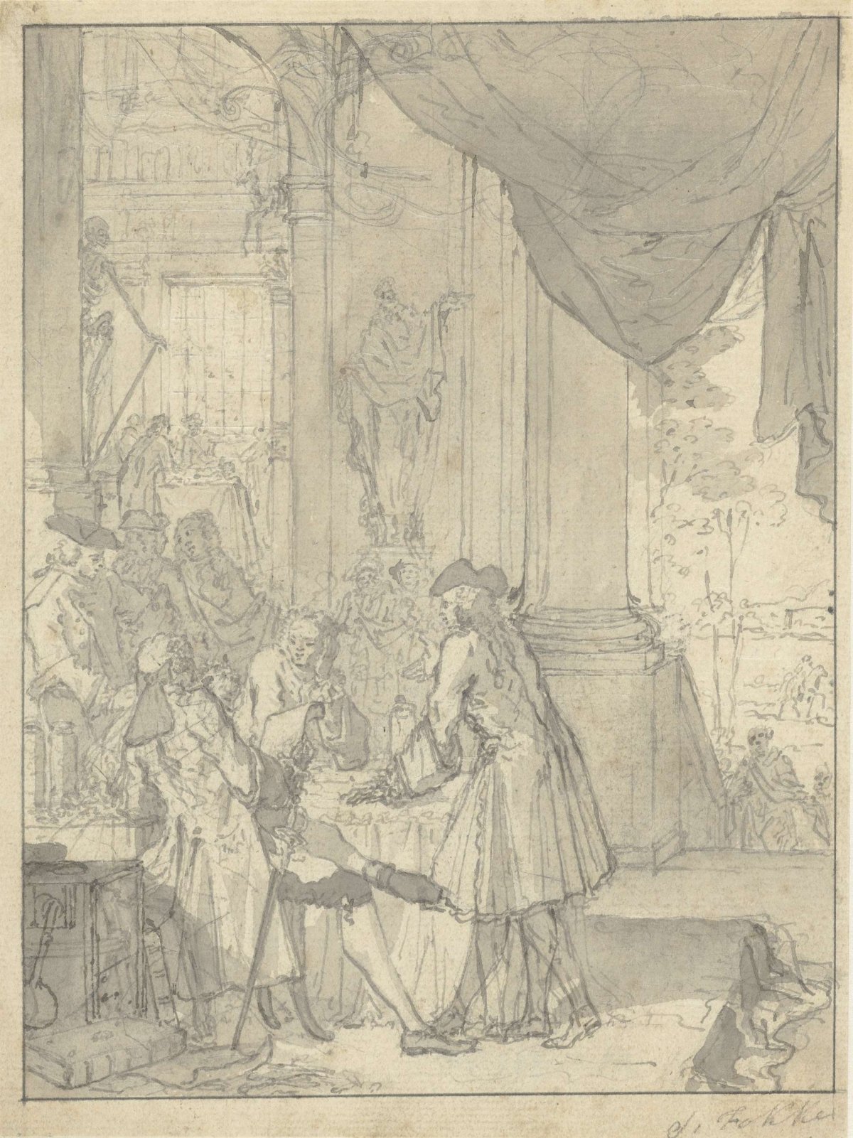 Disputing gentlemen at physics instruments and weck bottles, Simon Fokke, c. 1722 - c. 1784