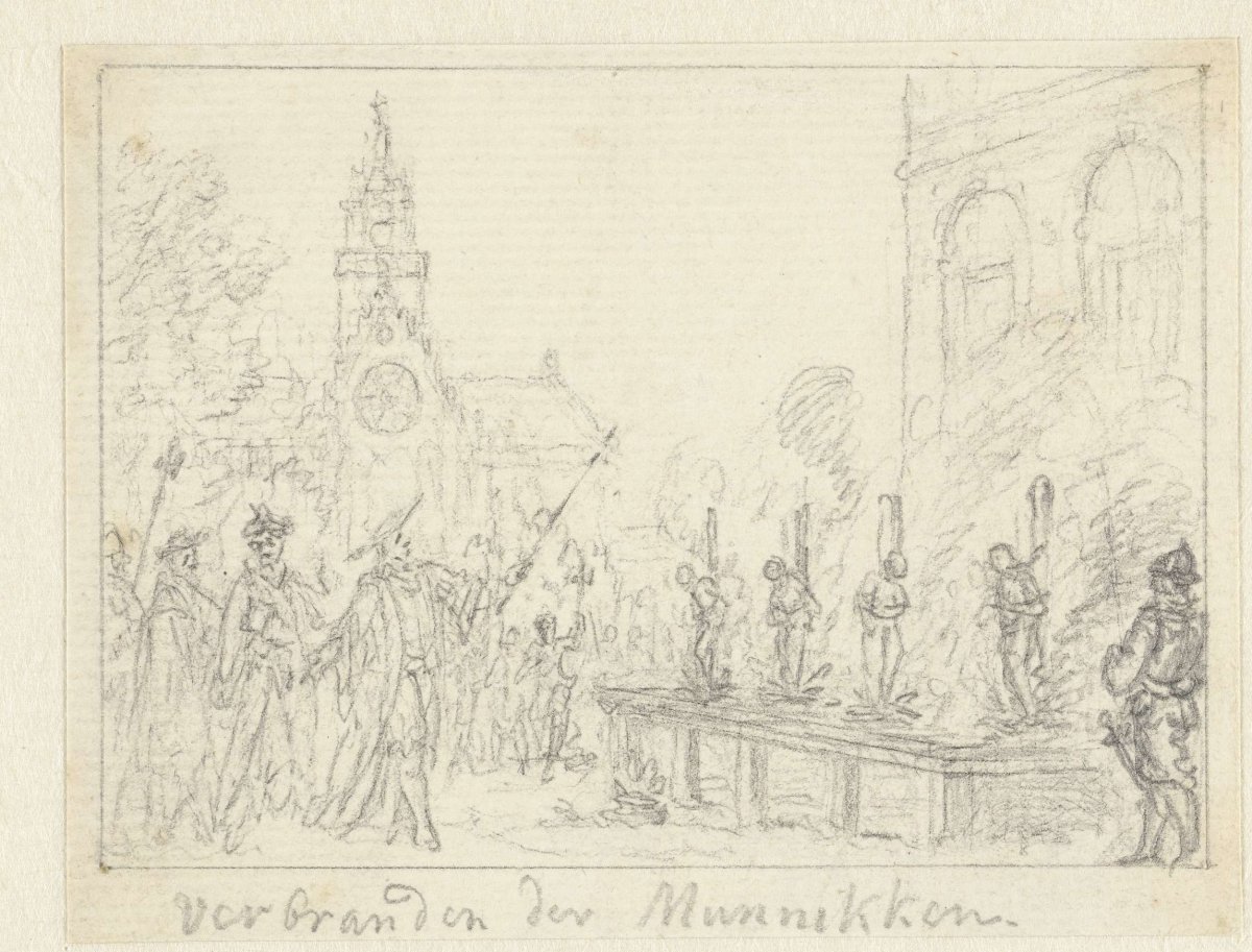 The martyrdom by burning of four monks in a village square, Simon Fokke, 1722 - c. 1784