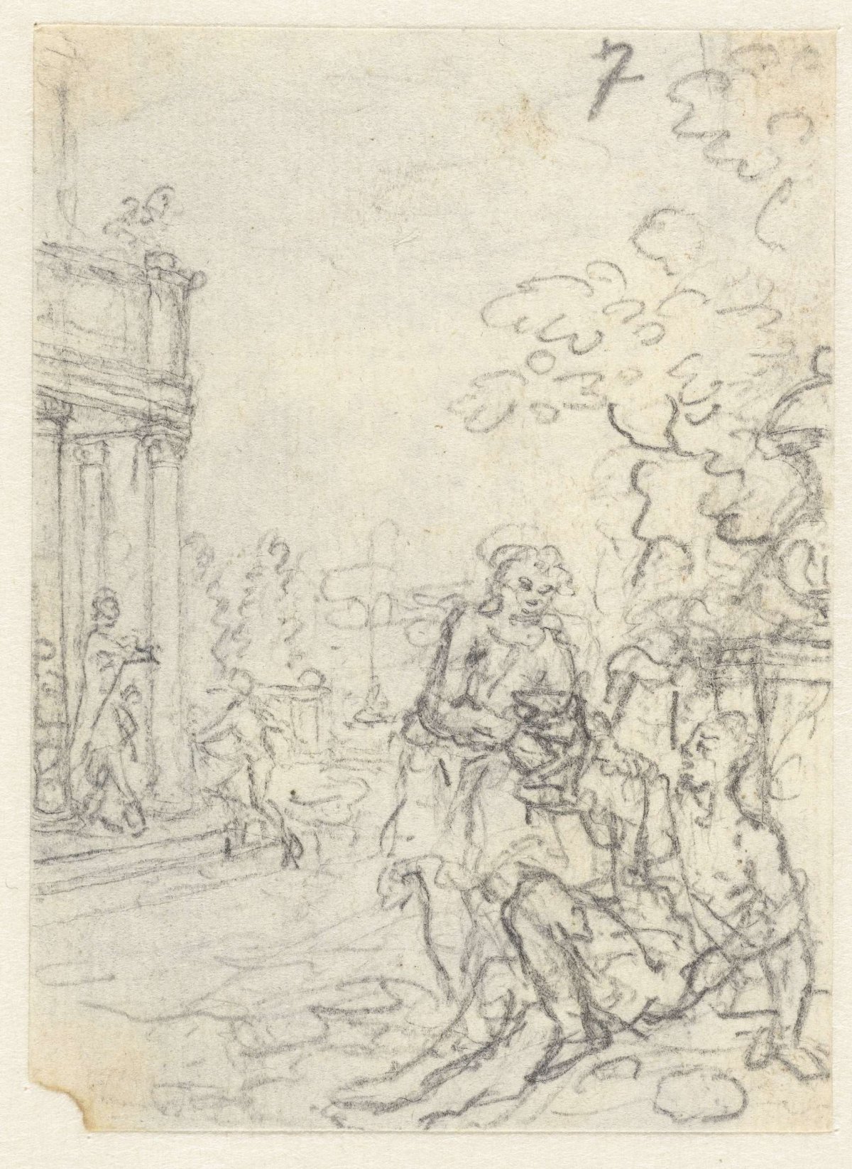 Classical scene, helping a man sitting on the ground, Simon Fokke, 1722 - c. 1784