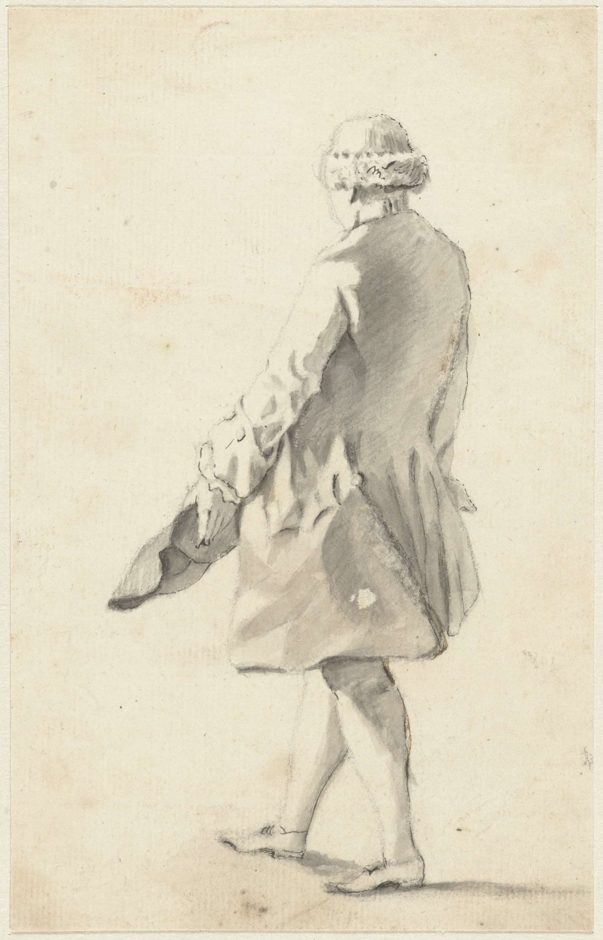 Figure study of a man standing on his back with his stitch in his left hand, anonymous, 1775 - c. 1799