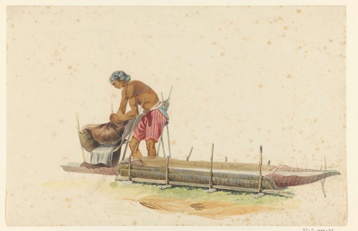 Man busy processing the pith of the sago palm into flour, Ernest Alfred Hardouin, c. 1837 - c. 1854