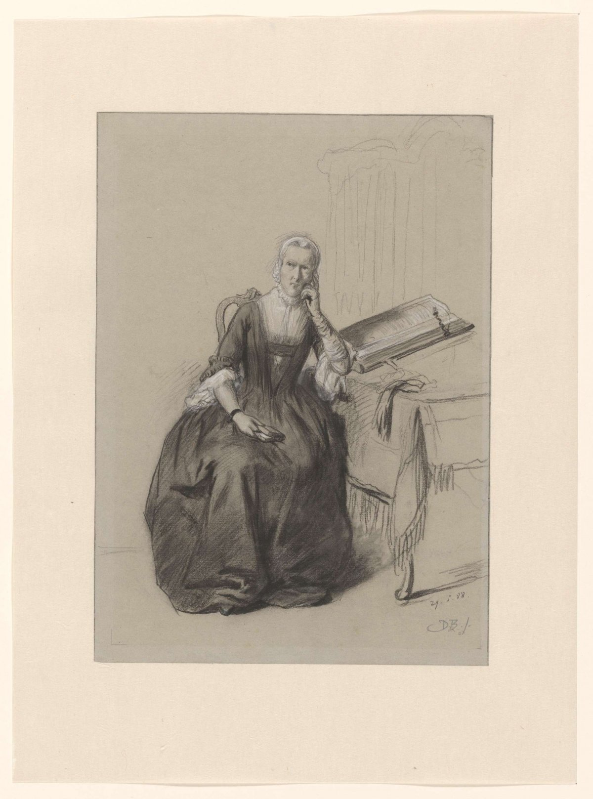 Figure study of a seated woman with prayer book in hand, near her Staten Bible, David Bles, 1888