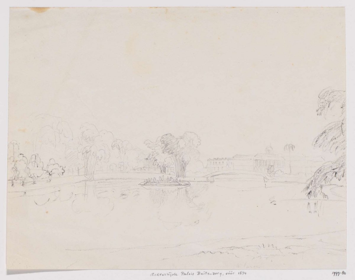 View of pond and garden and rear of Buitenzorg palace (before 1834), West Java, Adrianus Johannes Bik, c. 1816 - c. 1834