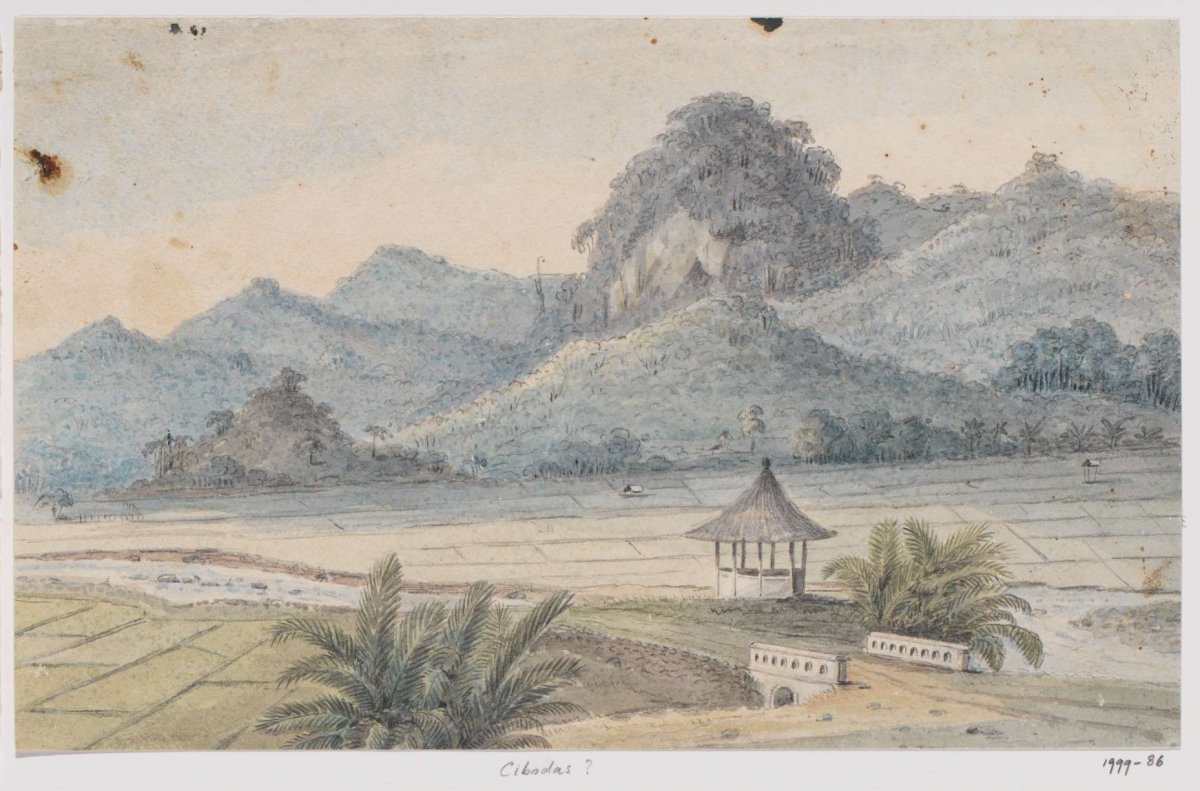 Landscape at Cibodas with bridge and pavilion, West Java, Adrianus Johannes Bik, c. 1816 - c. 1846