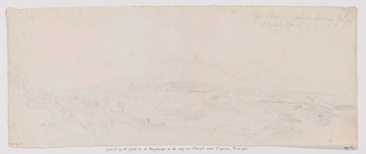 Landscape with view of Gedé and Pangrango volcanoes and road from Cianjur to Cipanas, Priangan, West Java, Adrianus Johannes Bik, c. 1816 - c. 1846