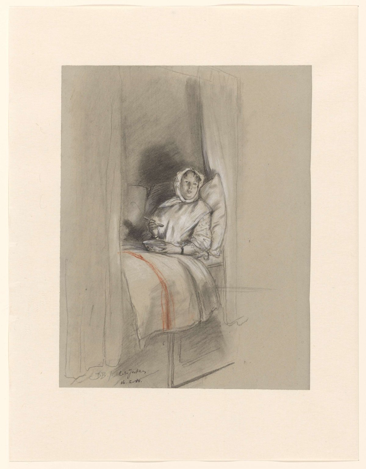 Figure study of a woman lying in a bedstead, eating from a bowl, David Bles, 1888