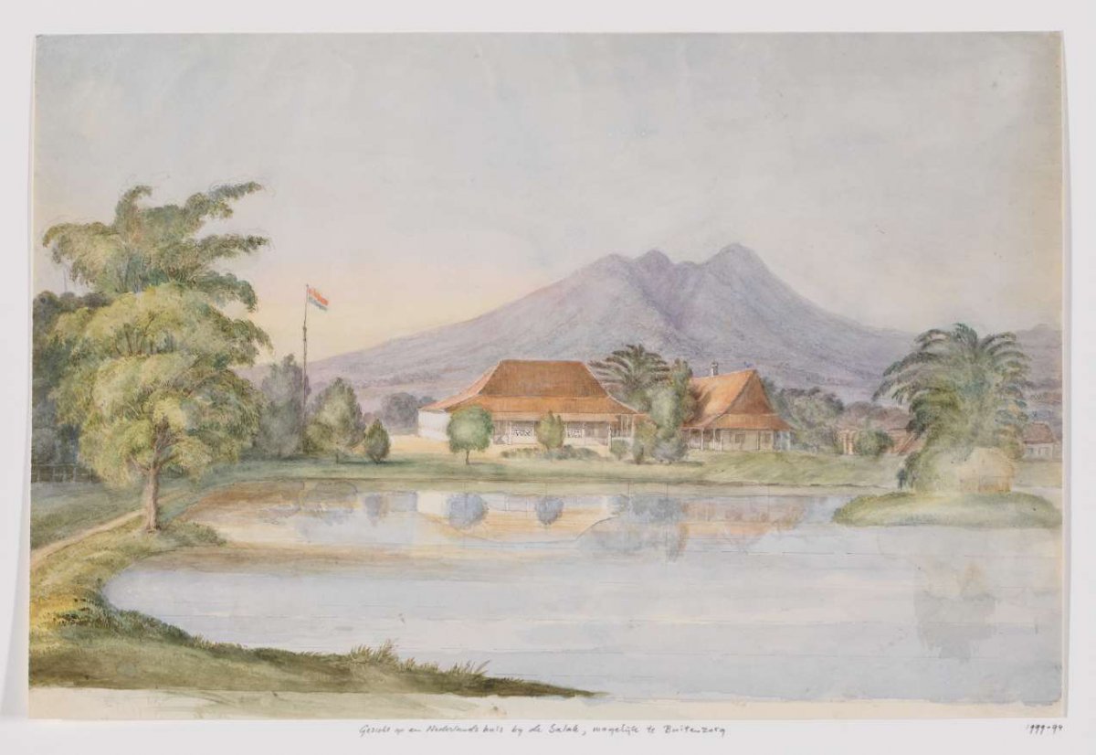 View of a house with a Dutch flag and pond against a mountain, West Java, Adrianus Johannes Bik, c. 1816 - c. 1846