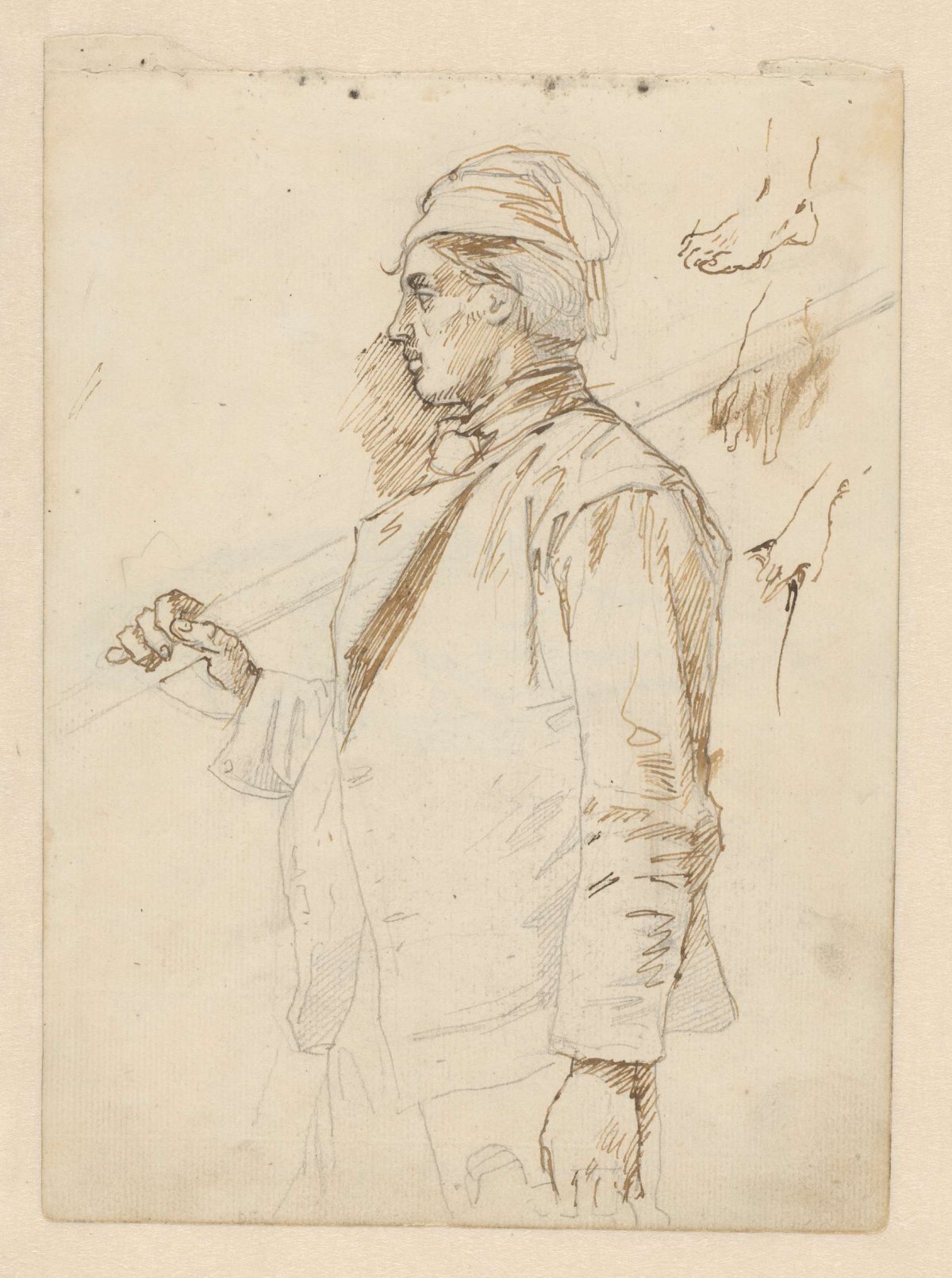 Study of a man with a cane over his shoulder, Matthijs Maris, after 1849 - before 1917