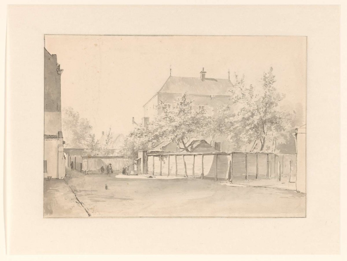 Cityscape showing a tall house surrounded by a stone wall, anonymous, after 1800 - before 1849