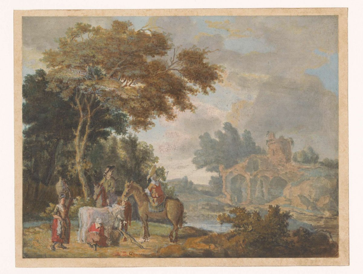 Travelers and countrymen in a landscape with ancient ruins, anonymous, after 1700 - before 1799