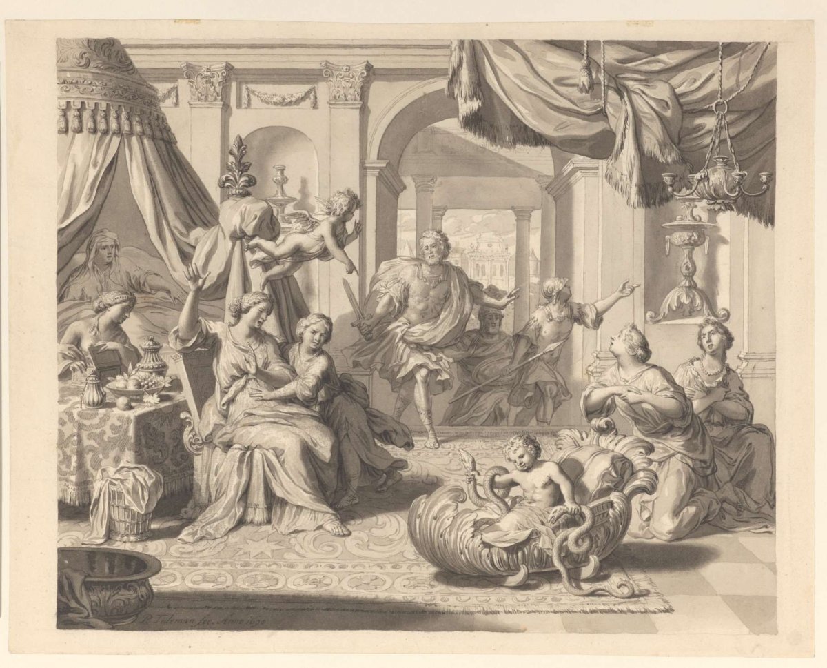 Little Heracles strangles in his cradle the venomous snakes sent by Hera, Philip Tidemann, 1690