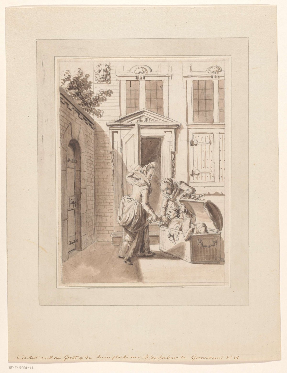 Hugo de Groot is helped out of the book chest in the courtyard of A. Daatselaar's house in Gorinchem, anonymous, c. 1775 - c. 1800
