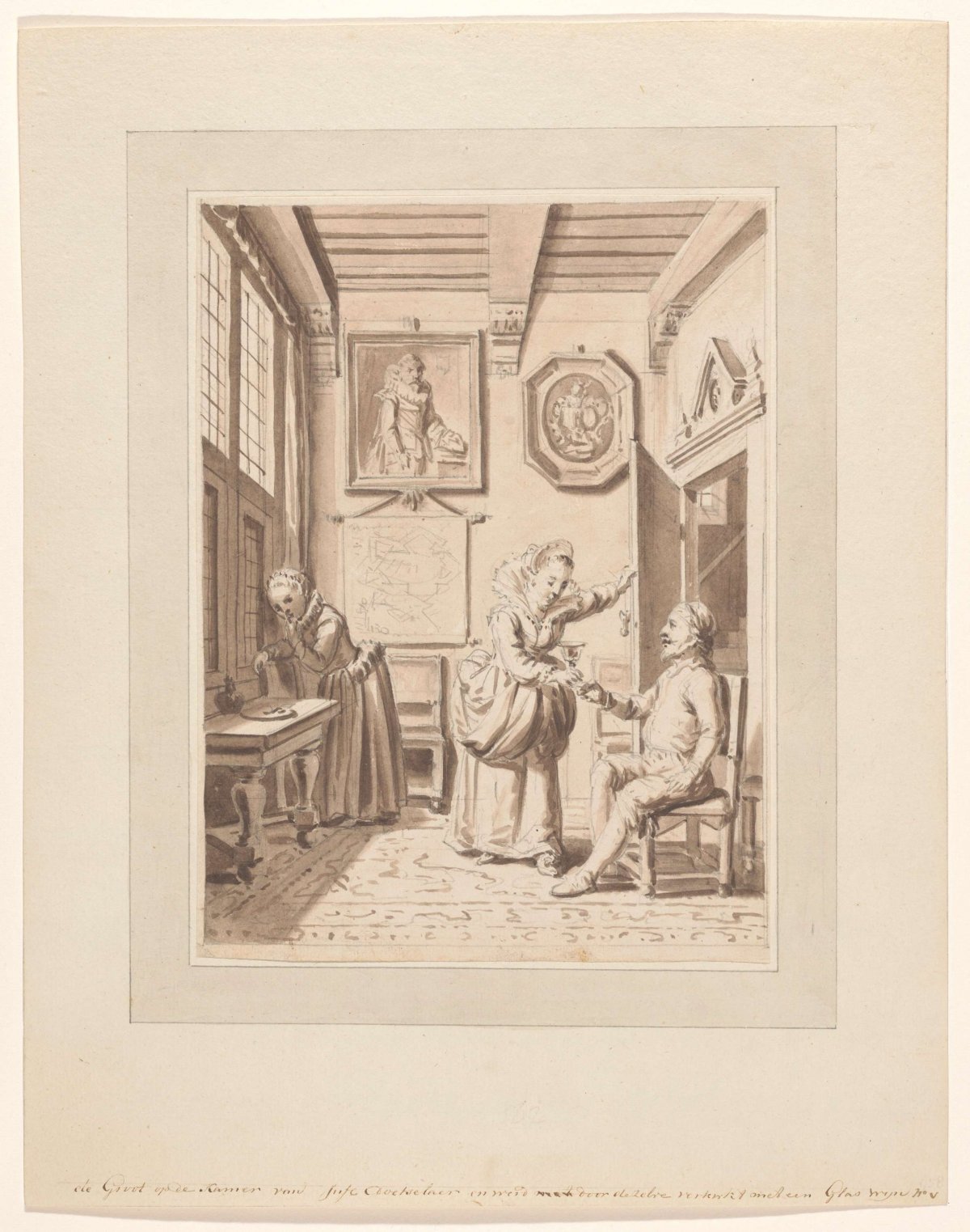 Hugo de Groot receives a refreshing glass of wine in Miss Daatselaar's room, anonymous, 1775 - 1800