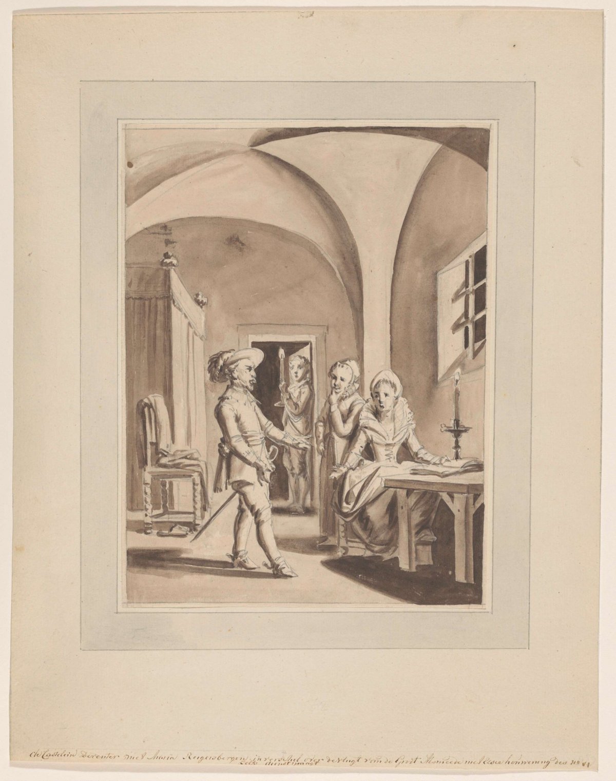 The kastelein Deventer with Maria van Reigersbergen disputing the escape of Hugo de Groot; as well as with Elsje van Houweningen, De Groot's maid, anonymous, 1775 - 1800