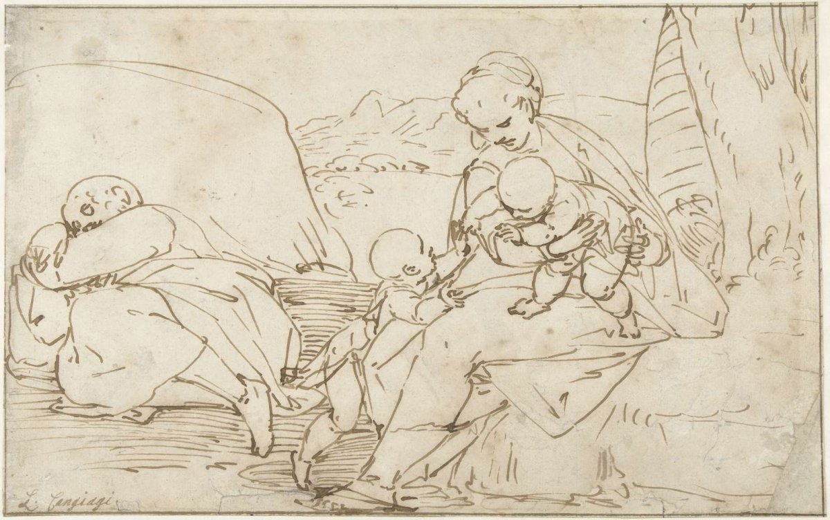 Holy Family with John the Baptist as a child in a landscape, Luca Cambiaso, 1537 - 1585