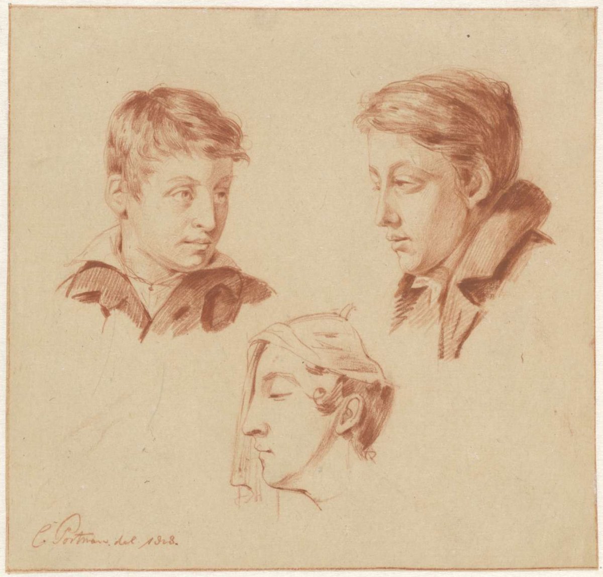 Studies of two male and one female head, Christiaan Julius Lodewijk Portman, 1828