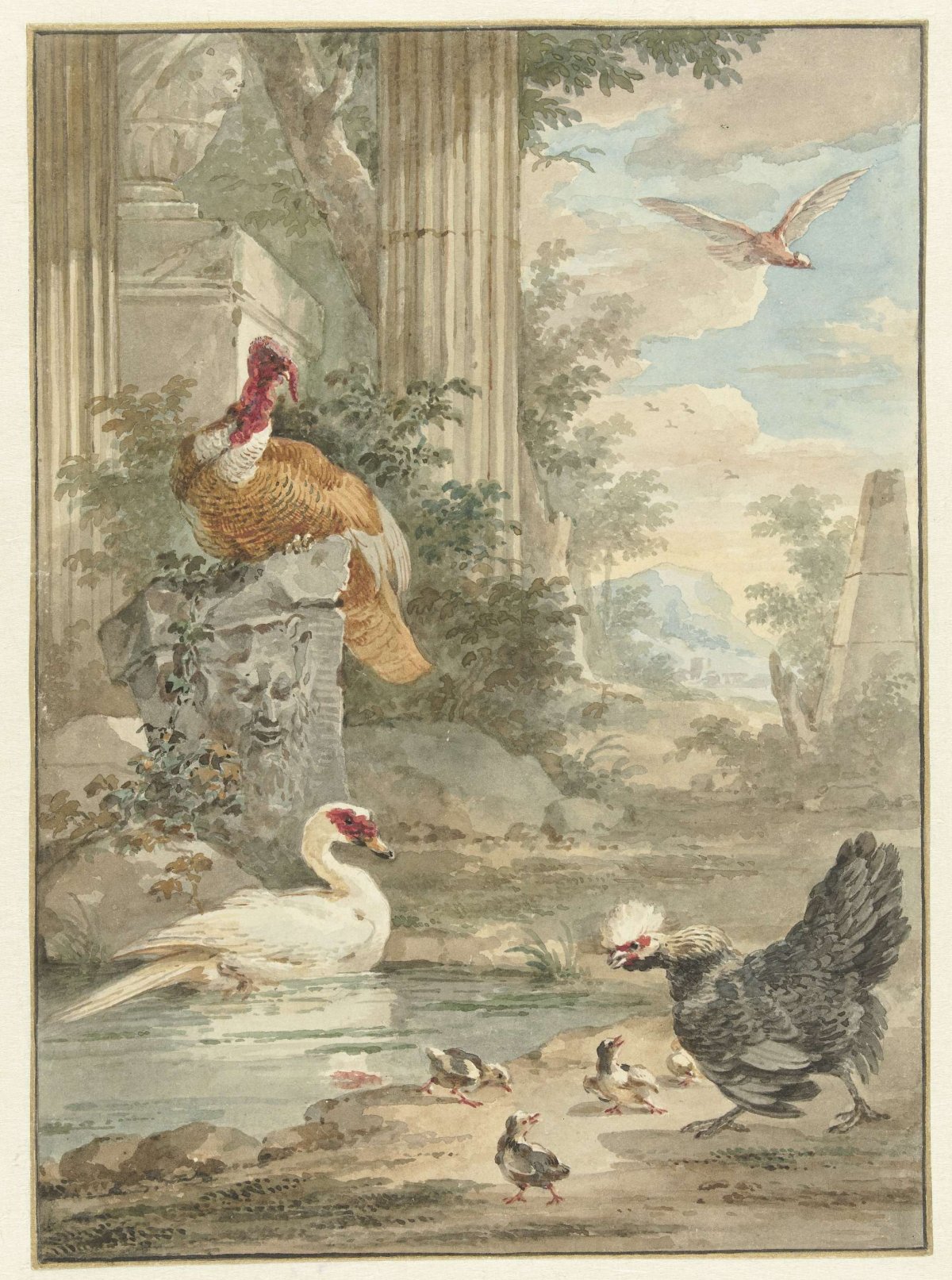 Turkey and Other Birds near Classical Ruins in a Park, Aert Schouman, c. 1756 - c. 1761