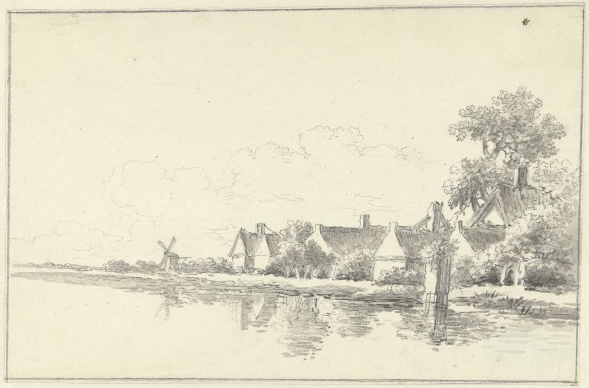 Landscape with houses and a mill on the waterfront, anonymous, 1700 - 1800
