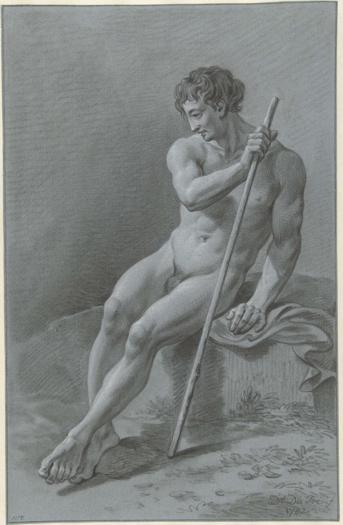 Seated male nude, a staff in right hand, Daniël Dupré, 1782