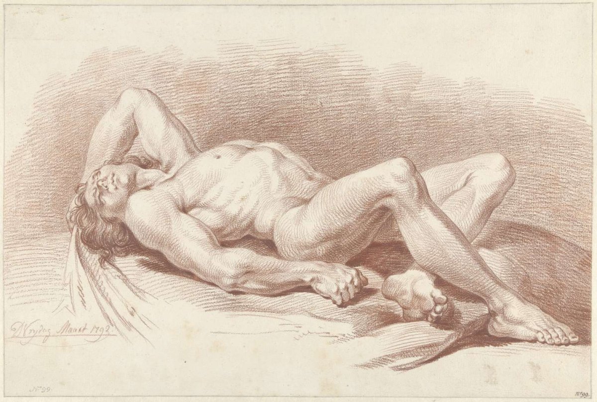 Reclining male nude, with arm behind head, Daniël Vrijdag, 1792