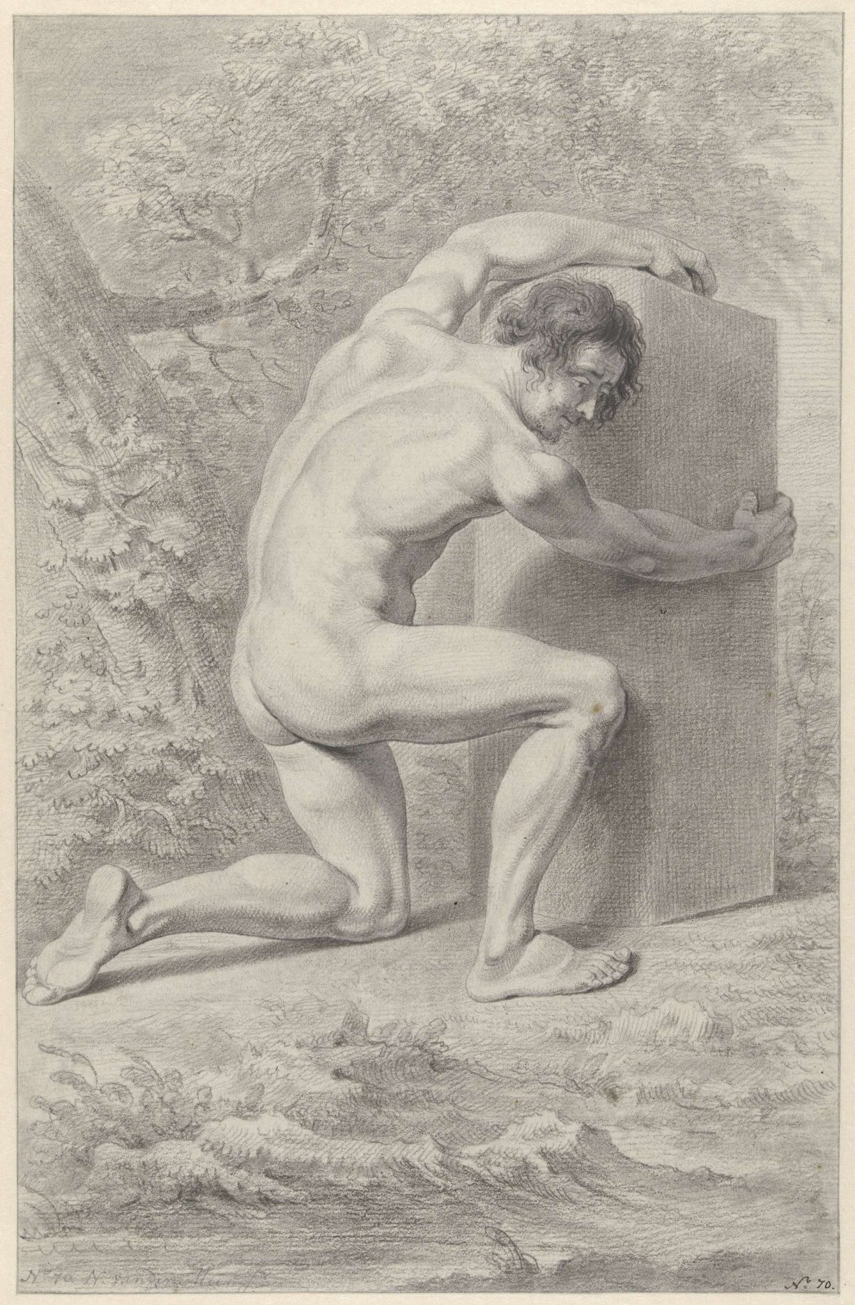 Kneeling male nude, arms wrapped around a block, Noach van der Meer (II), 1751 - 1822