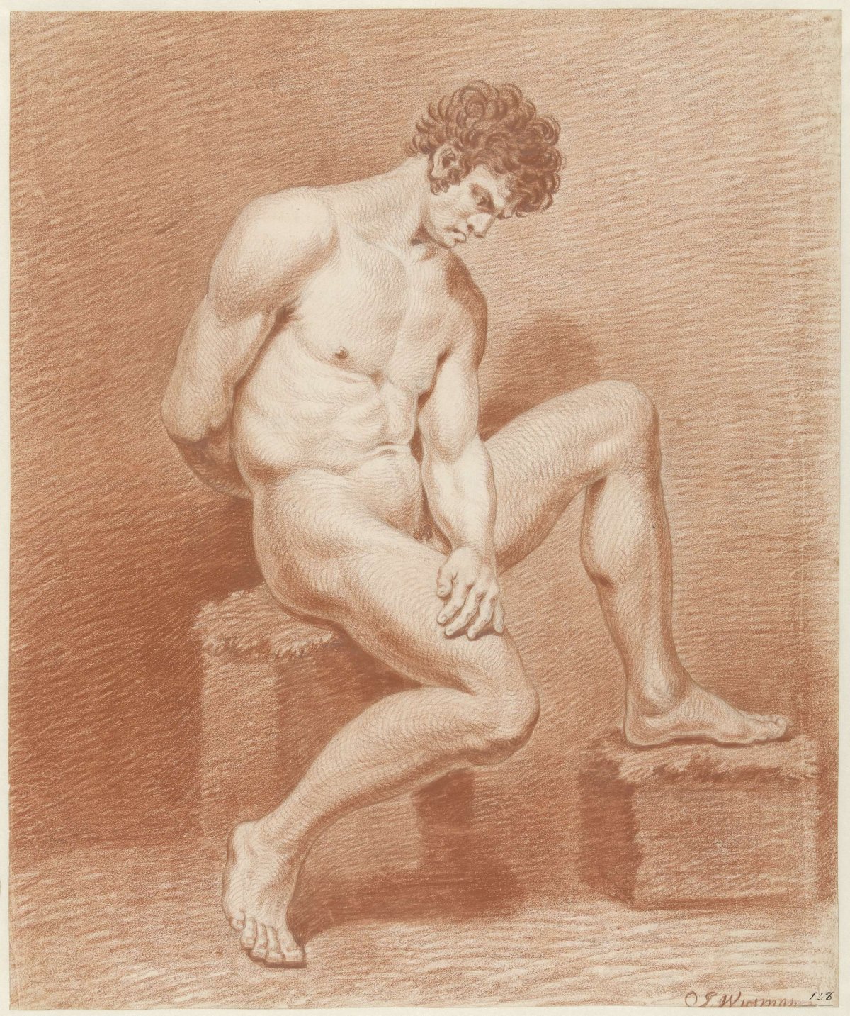 Seated male nude, facing right, Jacobus Wijsman, 1804