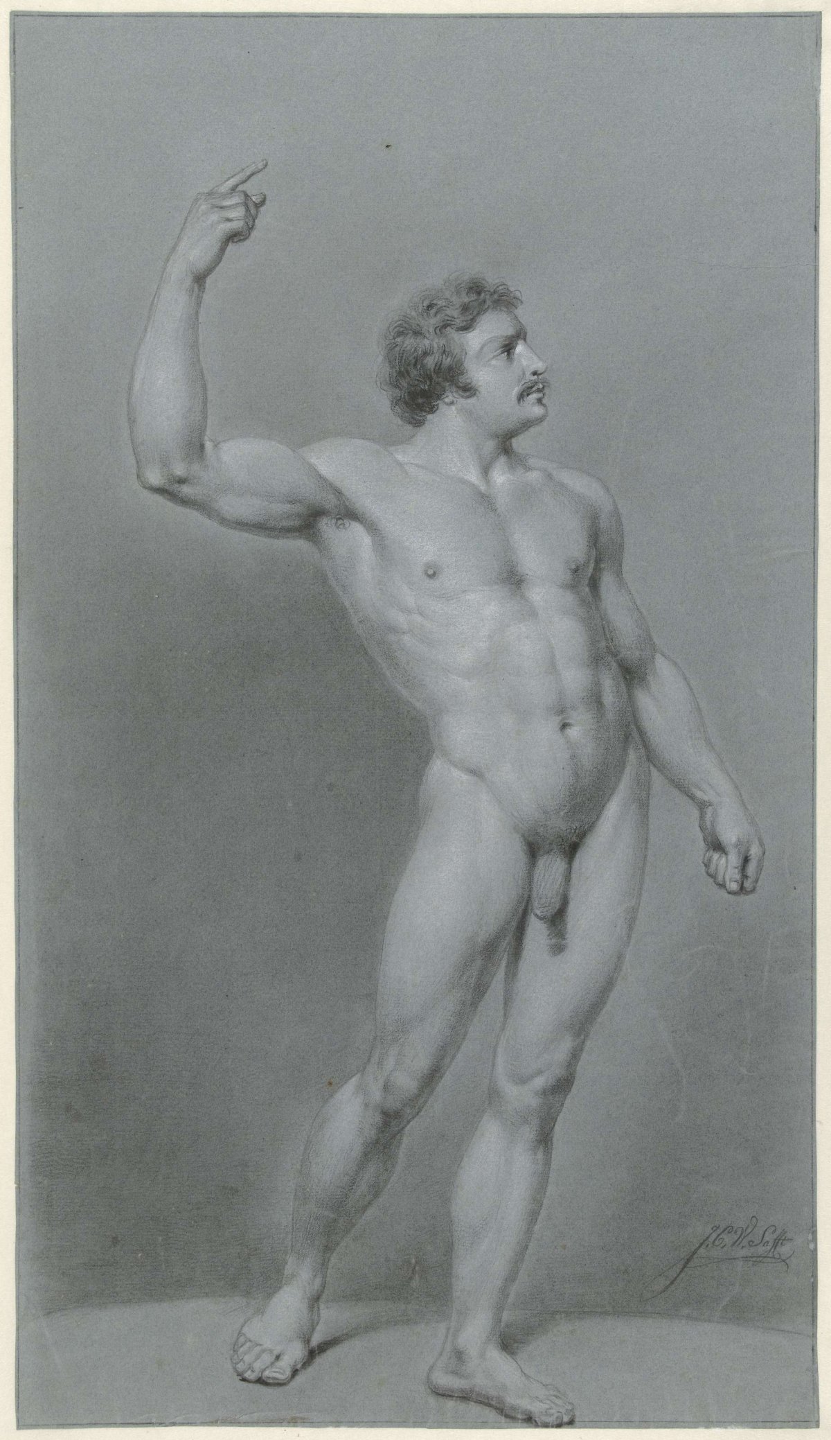 Standing male nude with mustache, Johan Christiaan Willem Safft, 1826