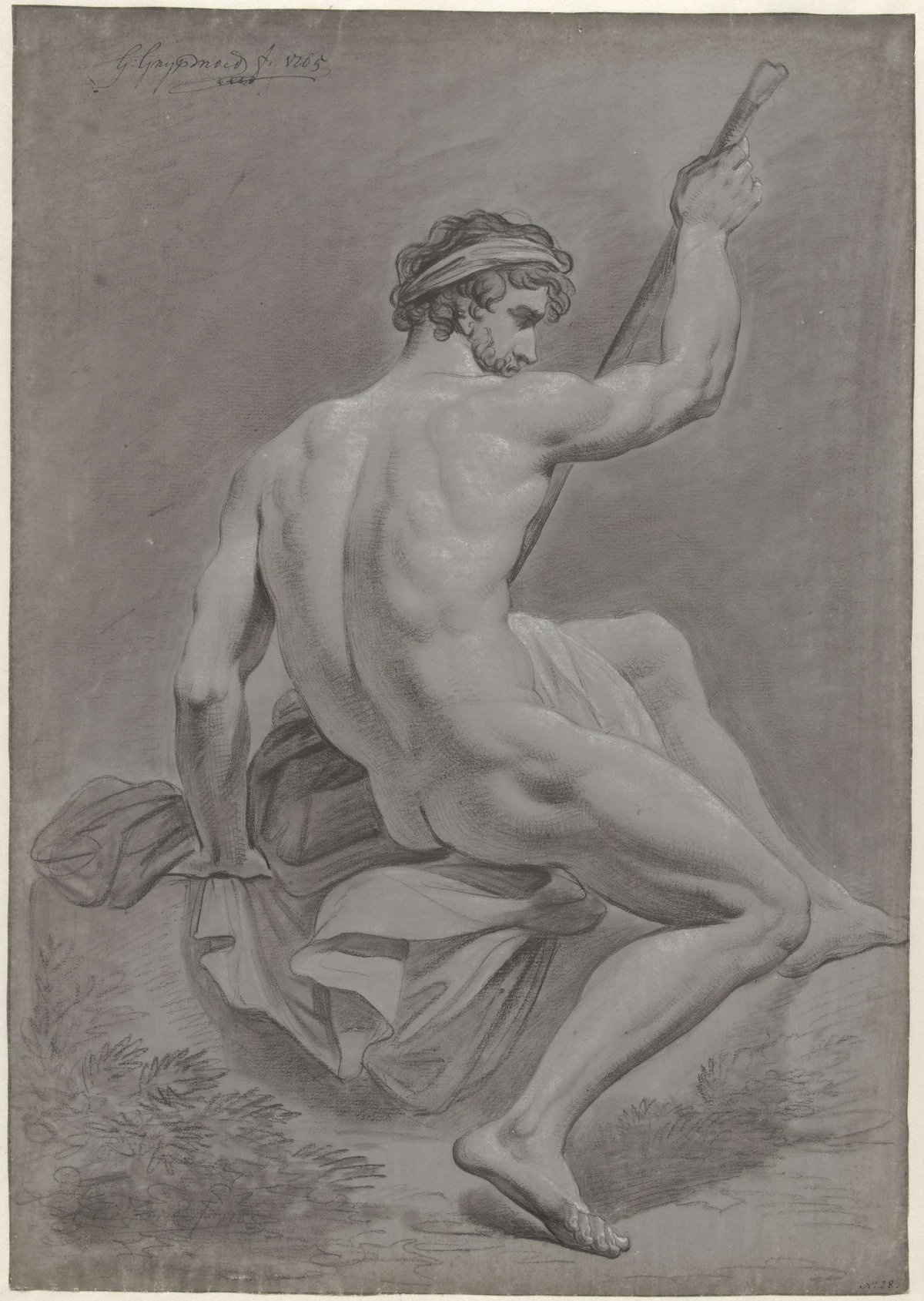 Seated male nude, viewed from behind, with cane, Geerlig Grijpmoed, 1785