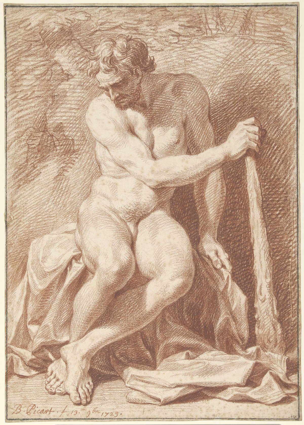 Seated male nude, with club, Bernard Picart, 1723