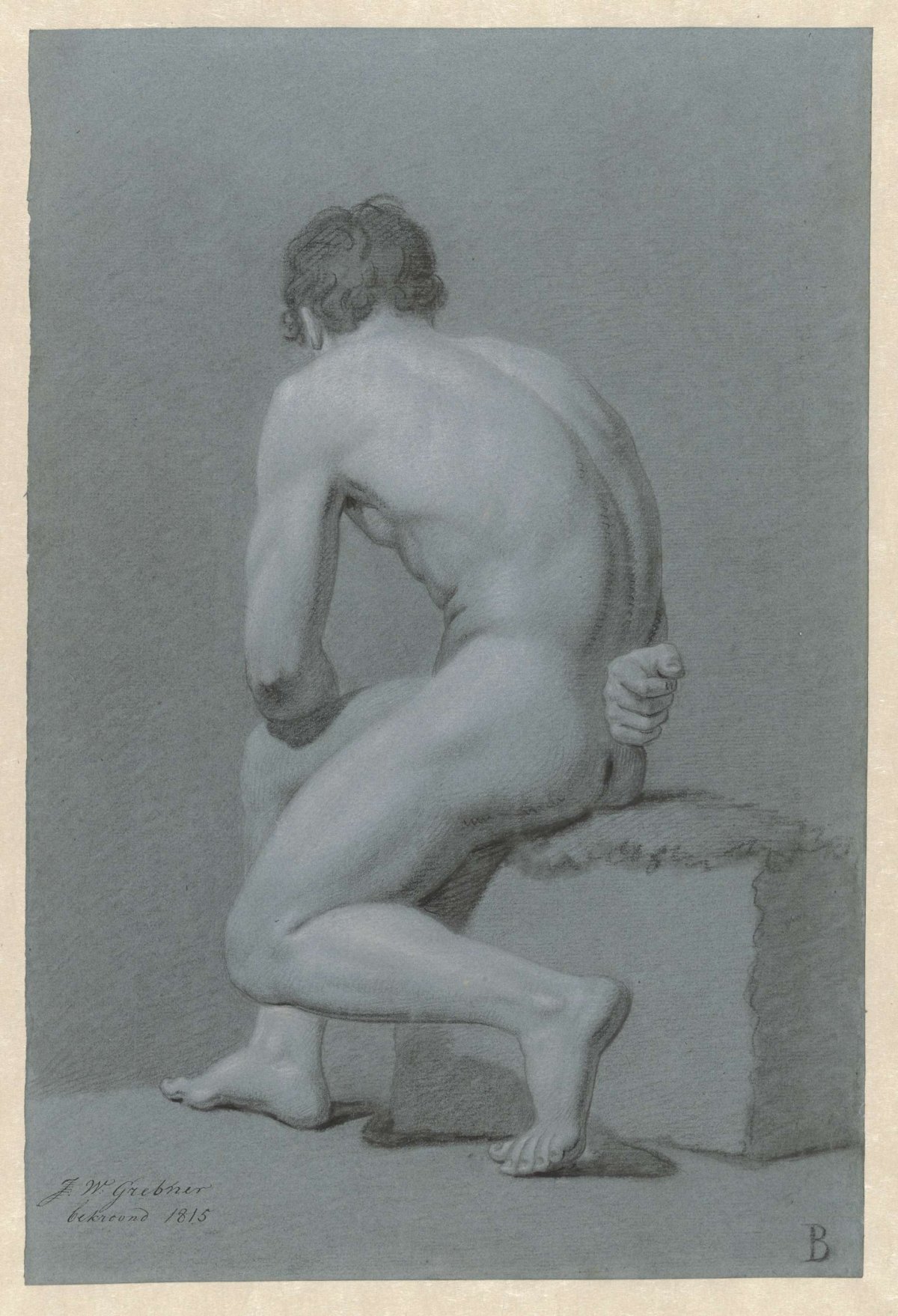 Seated male nude, half to left, viewed from the back, Willem Grebner, 1815