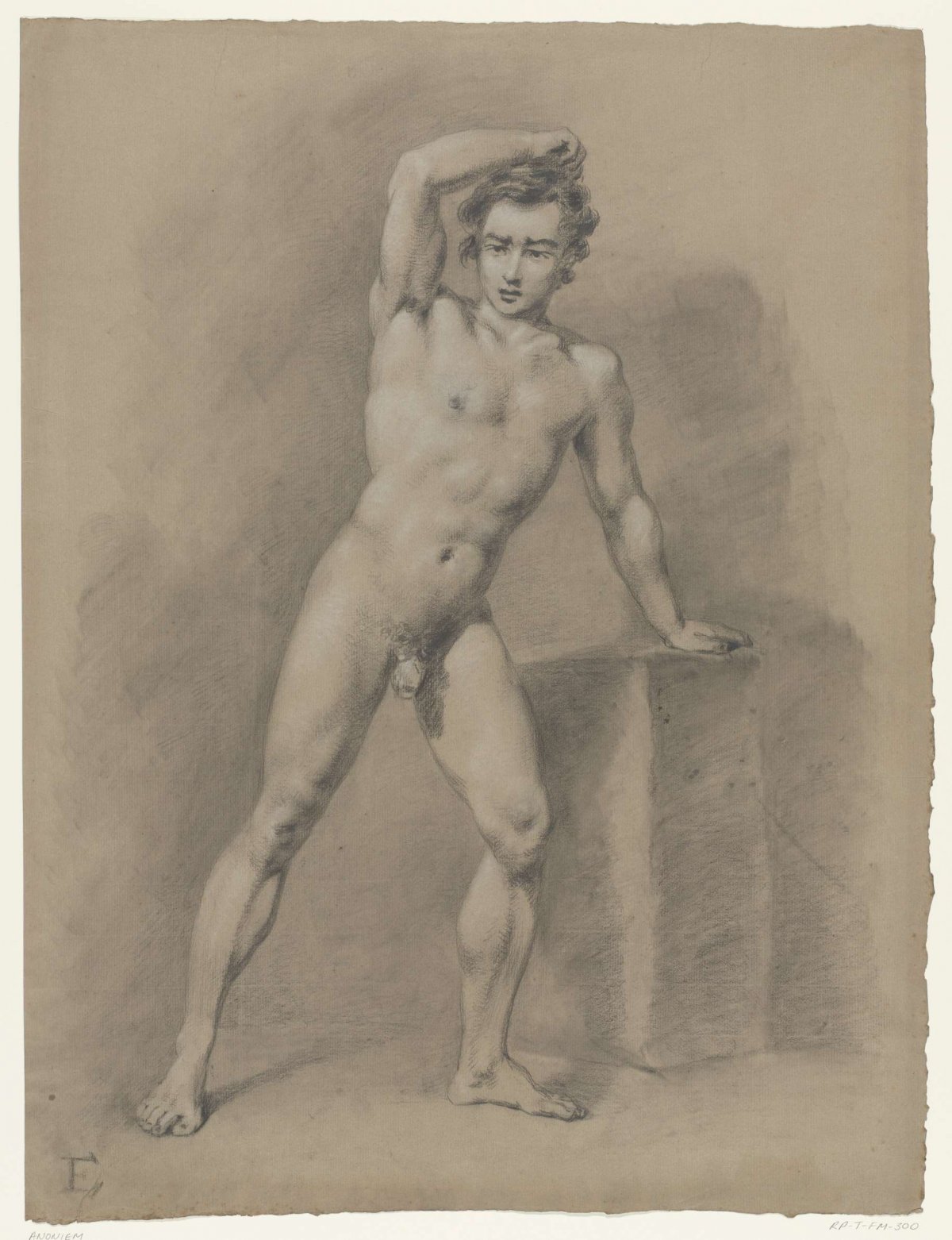 Standing male nude leaning on a block, viewed from the front, anonymous, 1825