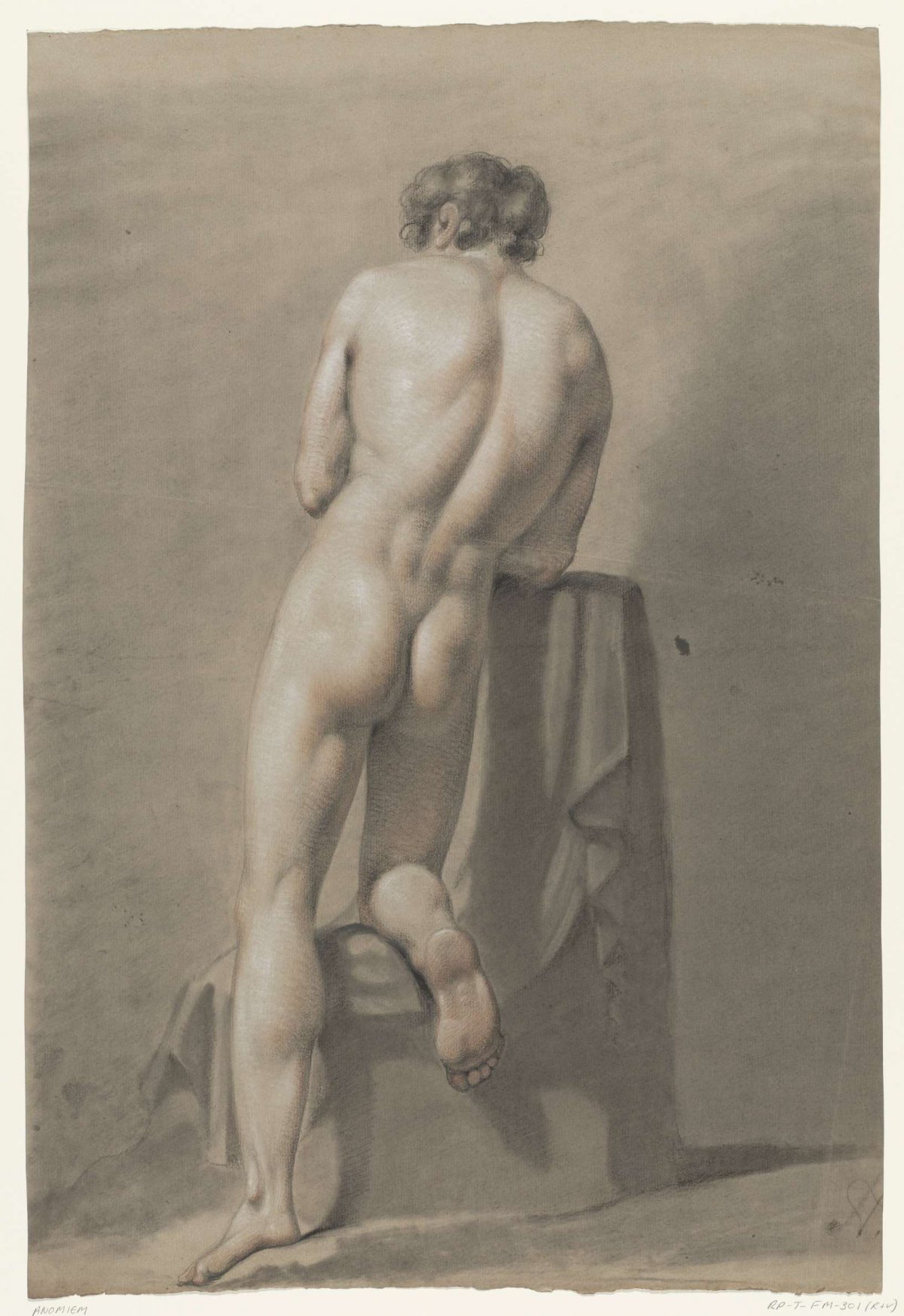 Male nude kneeling on a block, seen from behind, anonymous, 1824