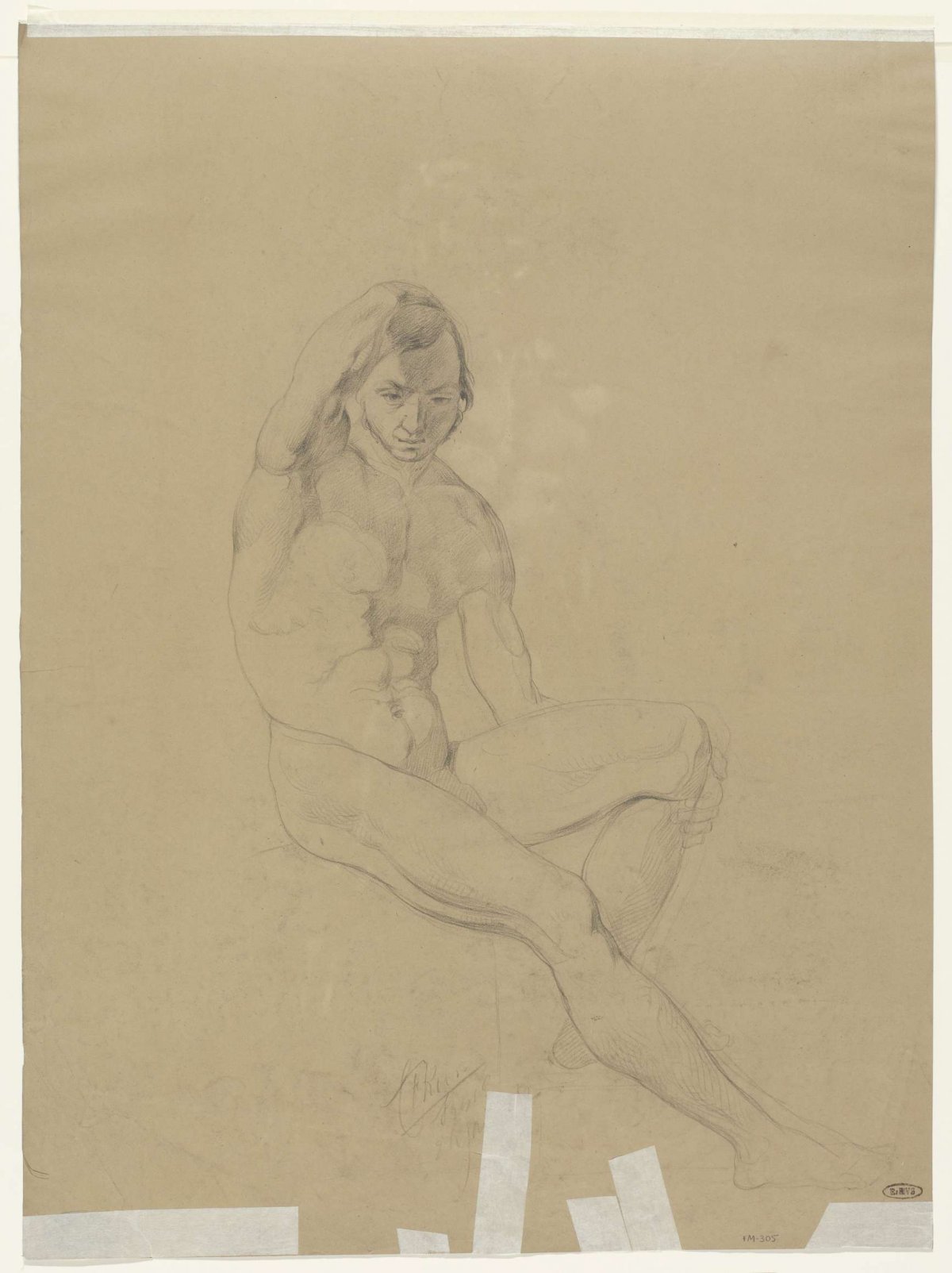 Sketch of seated male nude, anonymous, 1842
