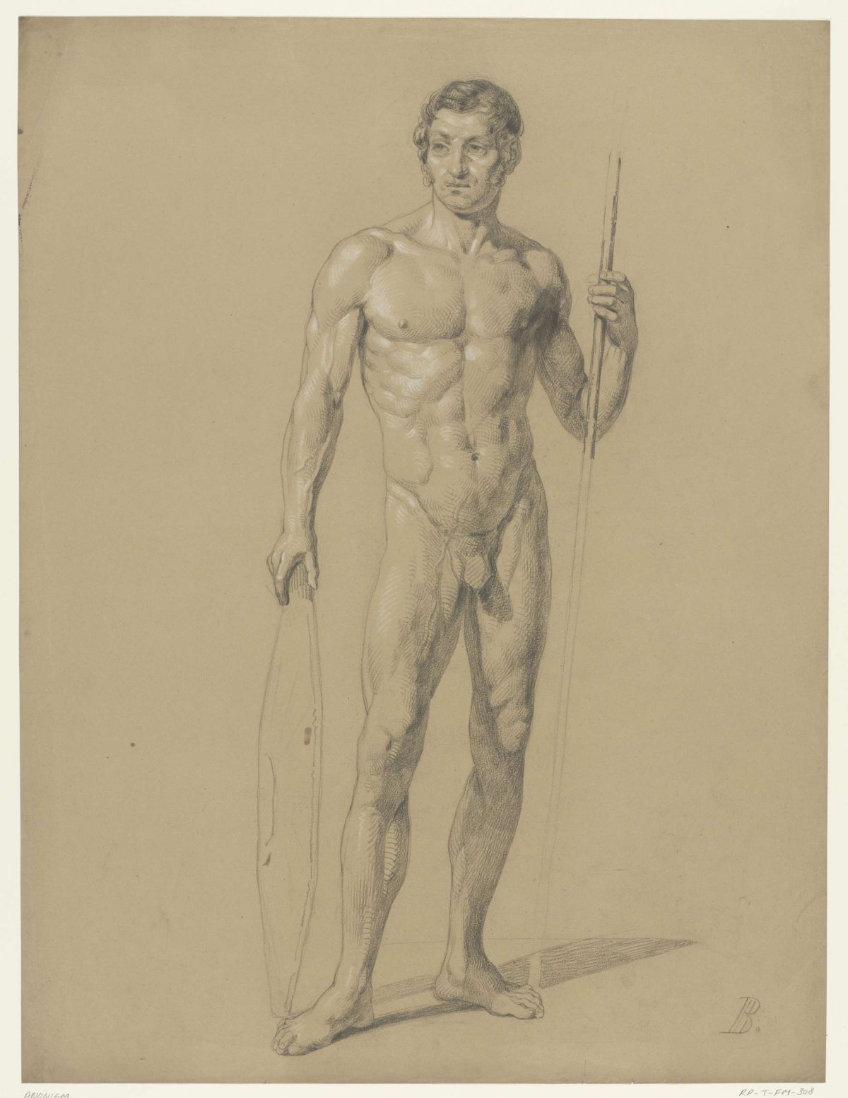Standing male nude with a shield and spear, anonymous, 1842