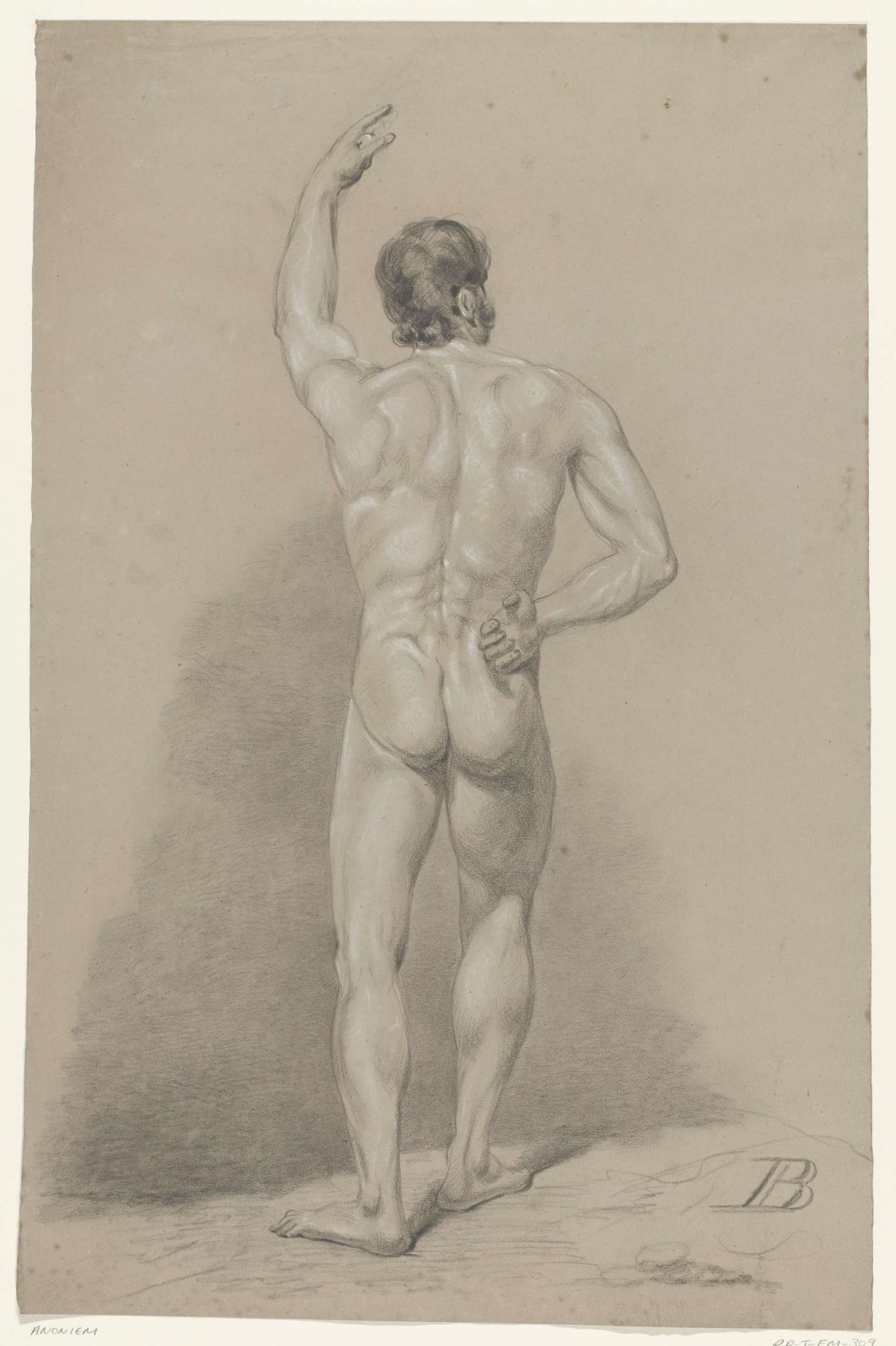 Standing male nude with raised arm, seen from behind, anonymous, 1840