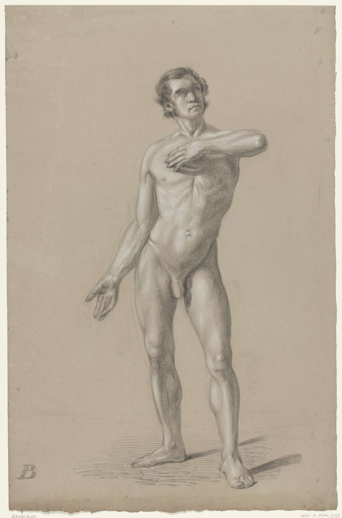 Standing male nude with hand on chest, anonymous, 1840
