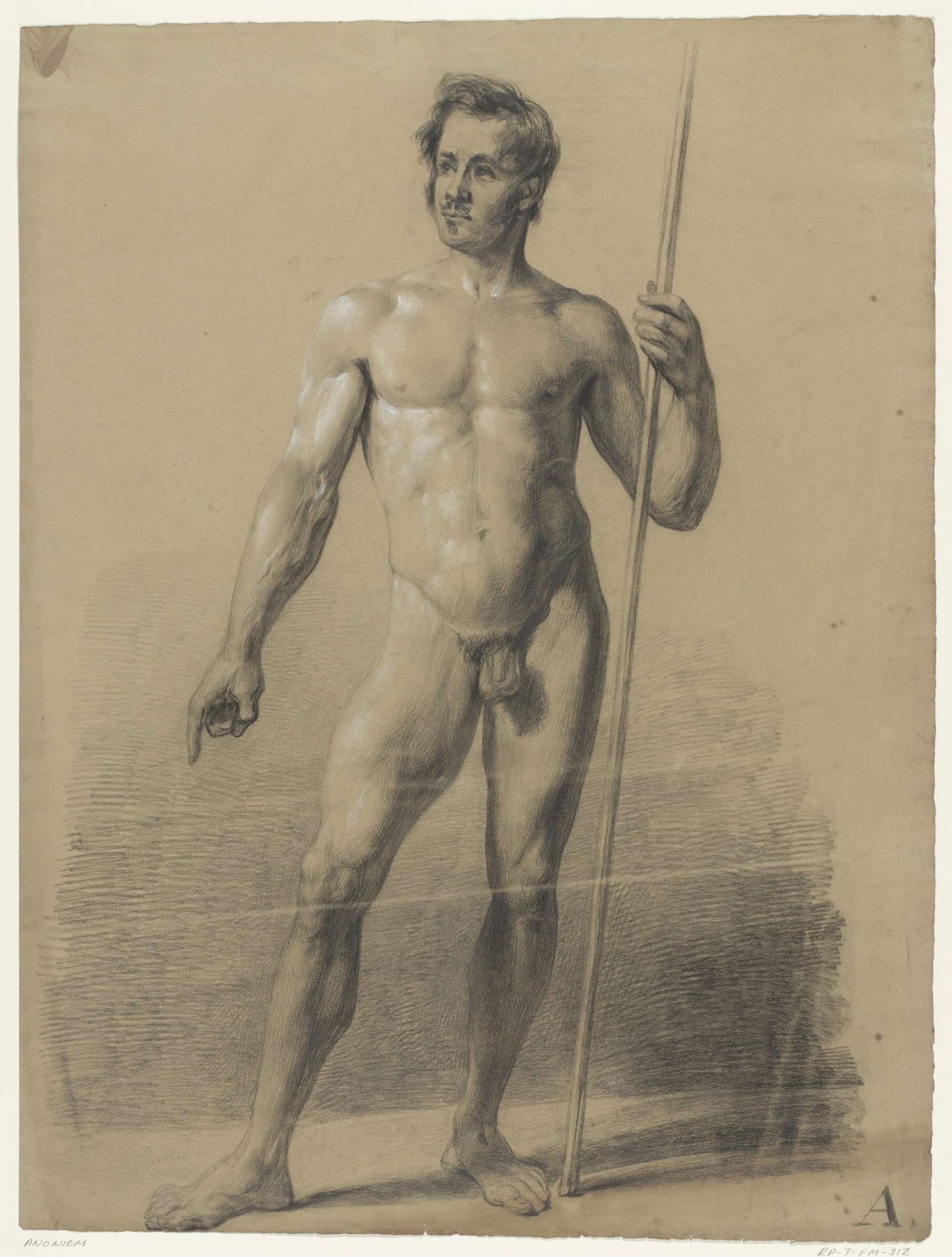 Standing male nude with cane, from front, anonymous, 1842
