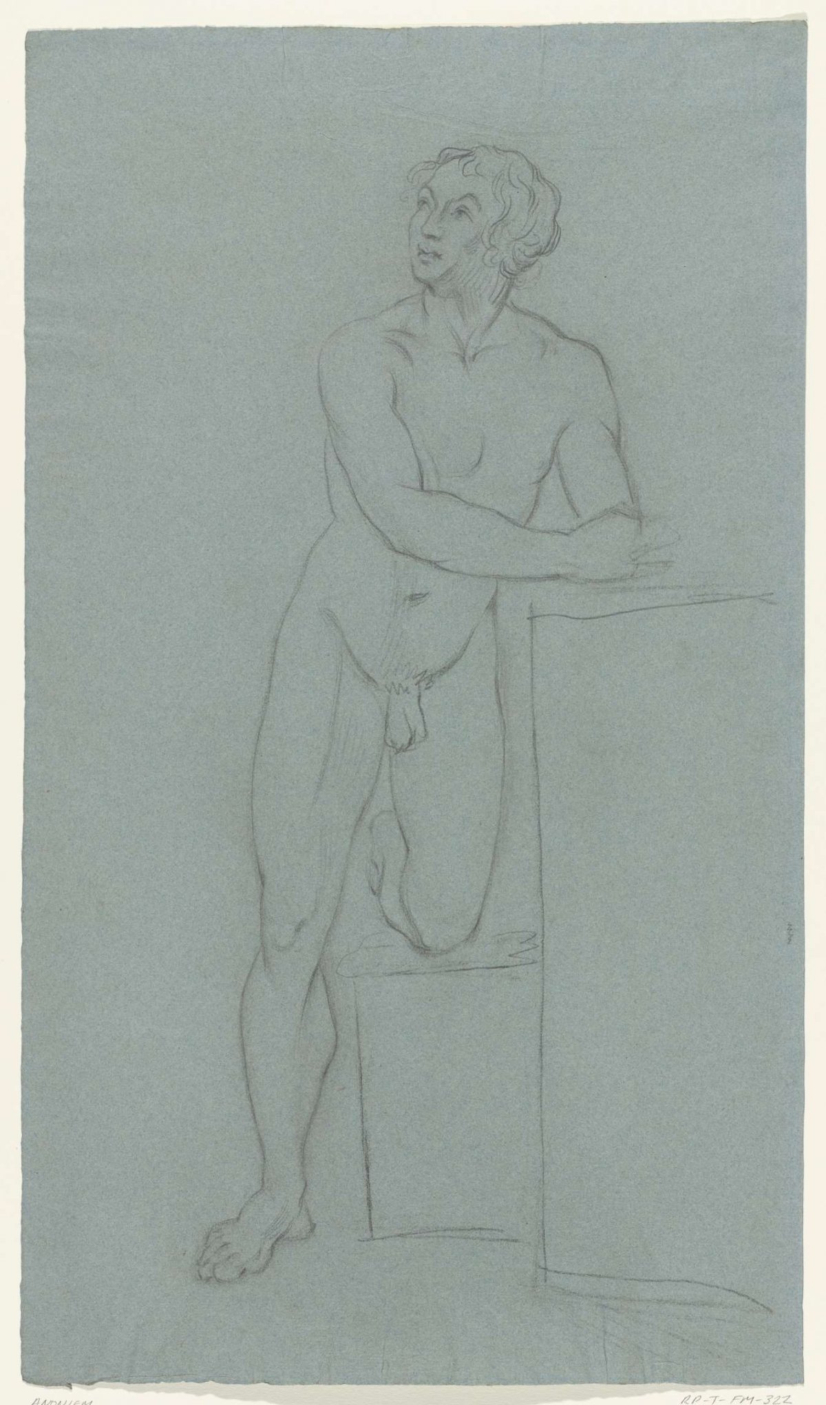 Male nude, with one leg kneeling on a block and leaning on another block, anonymous, 1802