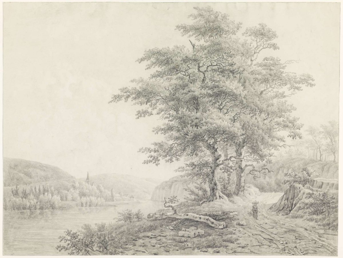 River landscape with a woman with a dog on a country road, Willem de Klerk, 1810 - 1876