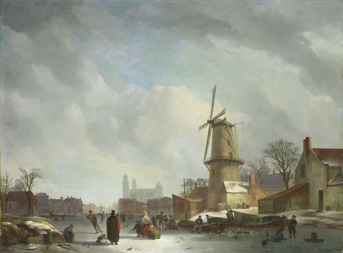 Frolicking on a Frozen Canal in a Town, Abraham Johannes Couwenberg, 1830 - 1837