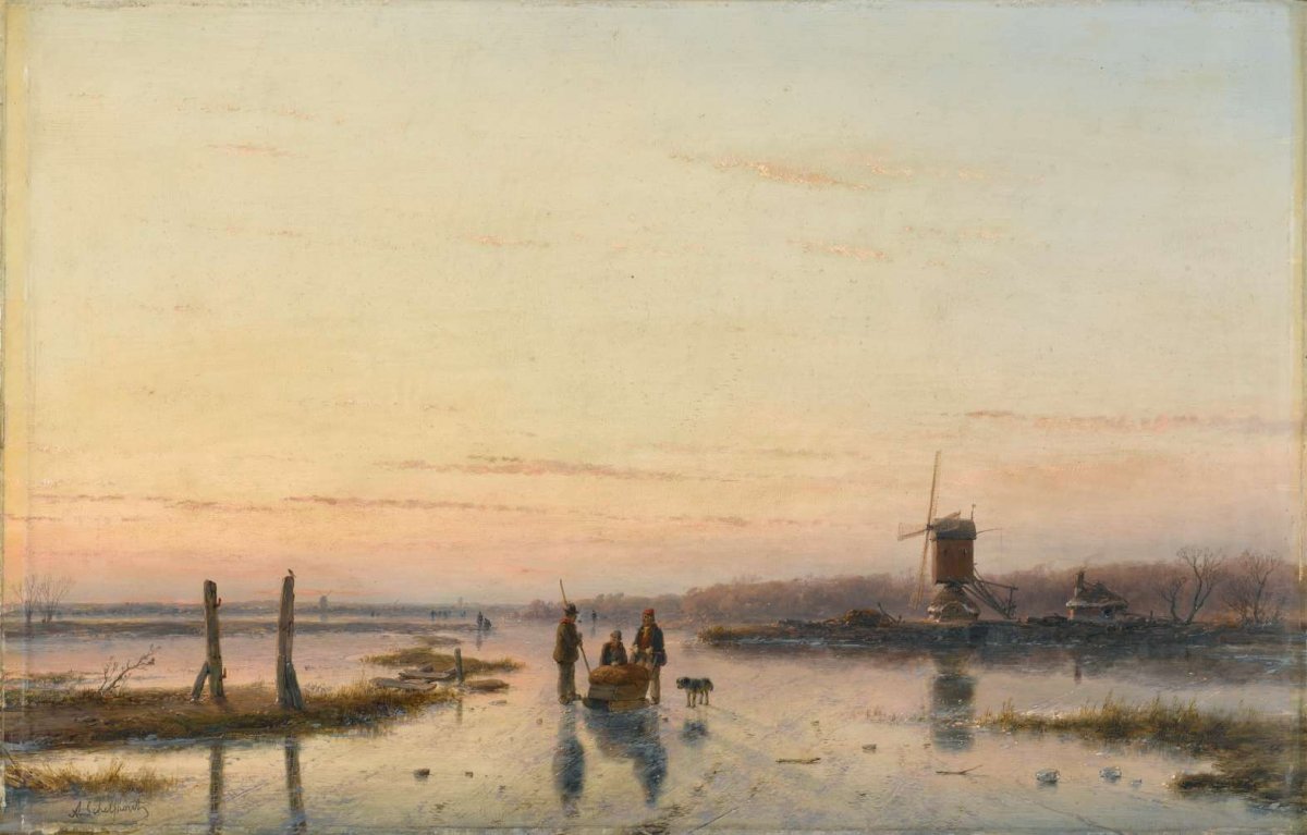 Windmill beside a frozen river, Andreas Schelfhout, 1860 - 1862