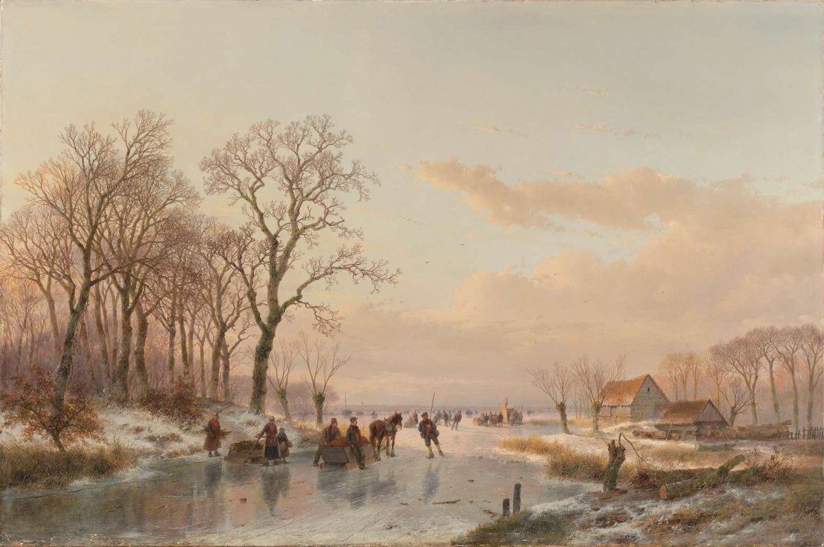 A Frozen Canal near the River Maas, Andreas Schelfhout, 1867